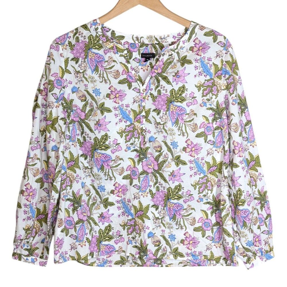 EUC Talbots Flourishing Vine Popover Top Sz M Floral White Purple Long Sleeve